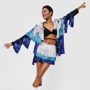 Metallic Tiered Fringe Open Front Jacket and Skirt Set